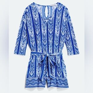 41 Hawthorn Blue and White Printed Romper with Tie Waist Fraya Knit Romper